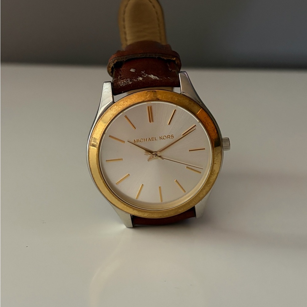 Michael Kors Silver and Gold Watch with Brown Leather Strap